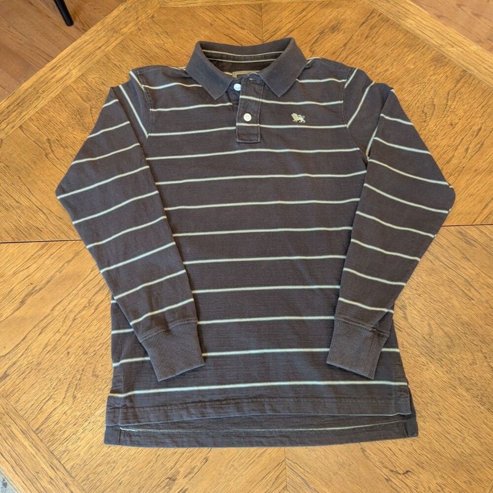 Old Navy Men's Small Brown Long-sleeve Polo shirt with White/Gray Stripes